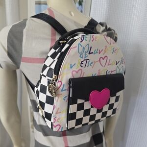 LUV BETSEY by Betsey Johnson Checker & Hearts Mini Blk White Colorful Backpack